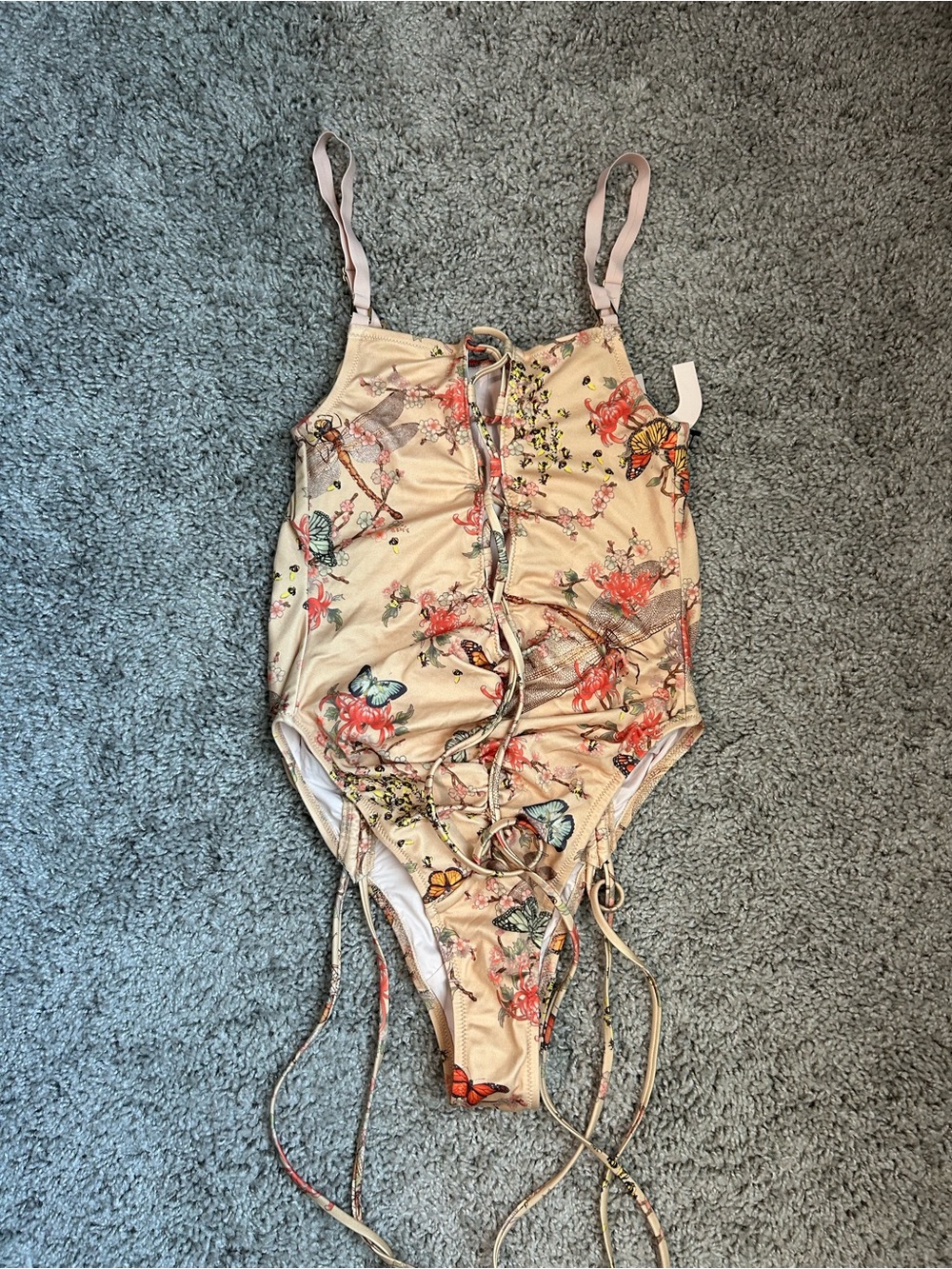 Floral Butterfly Lace-Up One-Piece Swimsuit in Peach